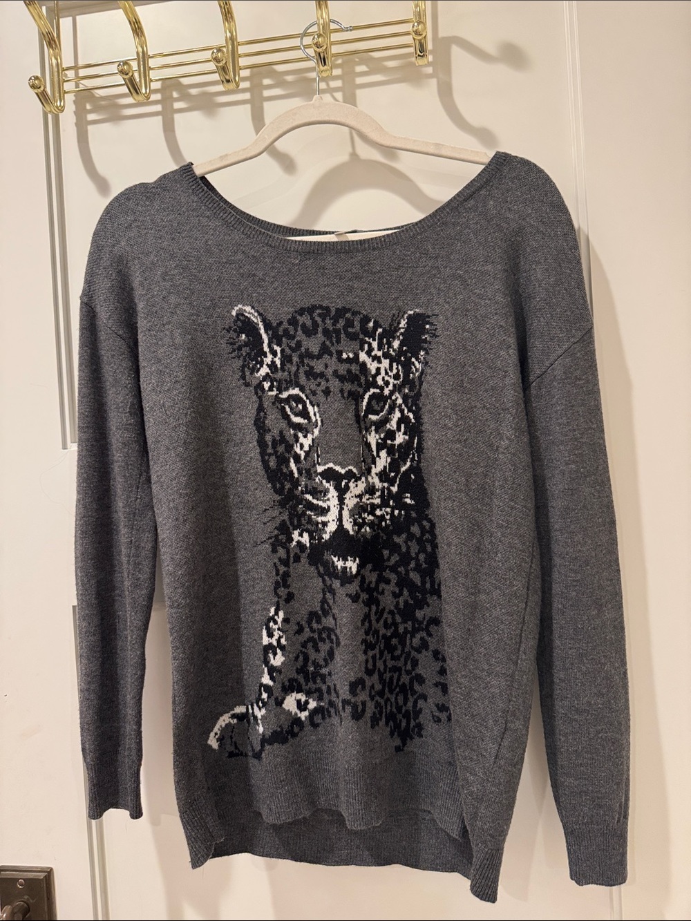 Joie Gray Leopard Cub Intarsia Knit Sweater Boatneck XS